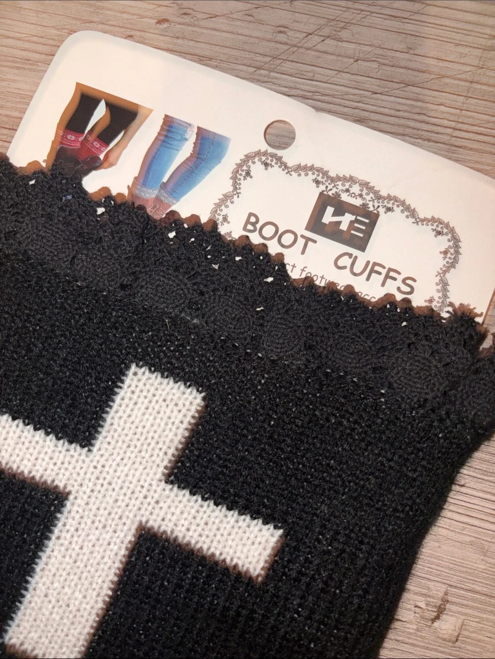 NWT black leg warmers with black lace and white crioss